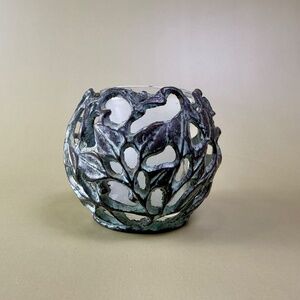 Vintage Leaf Cast Iron Votive Candle Holder | Blue Patina